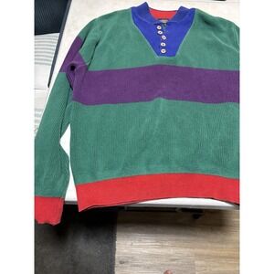 VTG Lands End Henley Knit Sweatshirt‎ Womens Medium Green Colorblock USA